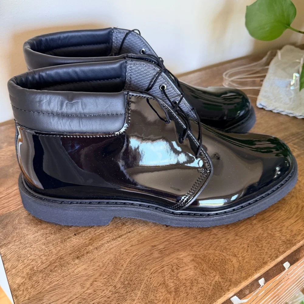Bates High Gloss Chukka Boots Mens 10.5D Black Patent Uniform Duty Shoes Lace Up